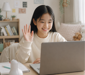 방에서 노트북 화면을 보며 웃는 얼굴로 손을 흔드는 여자아이