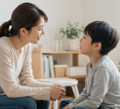 거실에서 마주 앉아 눈을 맞추고 대화하는 엄마와 남자아이