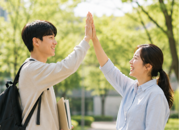 나무가 우거진 길에서 손을 마주치며 인사하는 두 학생