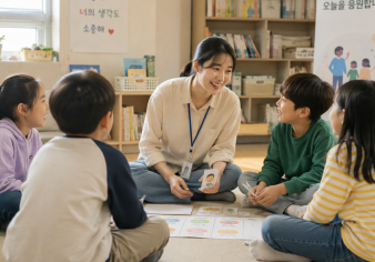 교실 바닥에 둘러앉아 카드 활동을 함께하는 선생님과 아이들