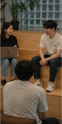 계단형 라운지에 둘러앉아 이야기를 나누는 팀원들